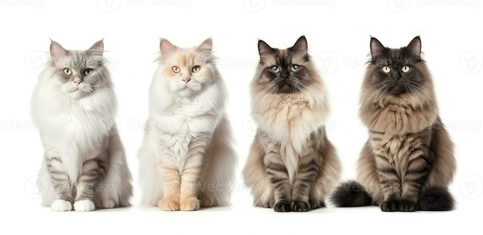 Four fluffy cats on a white background. Generative AI photo