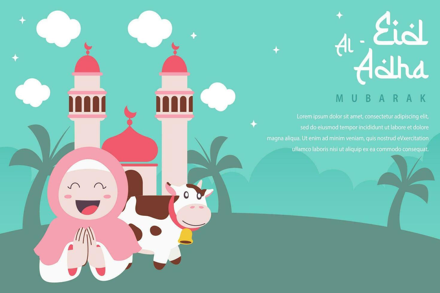 Holy Eid Al Adha Mubarak Cute Banner Cartoon doodle. Islamic and Arabic Greeting flyer for Muslim Community Festival graphic print Vector