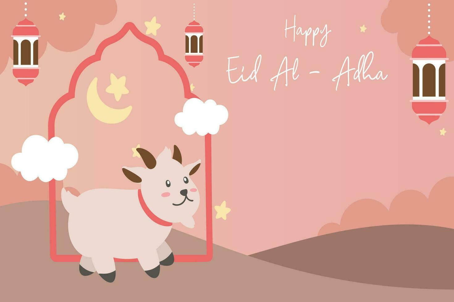 Holy Eid Al Adha Mubarak Cute Banner Cartoon doodle. Islamic and Arabic Greeting flyer for Muslim Community Festival graphic print Vector