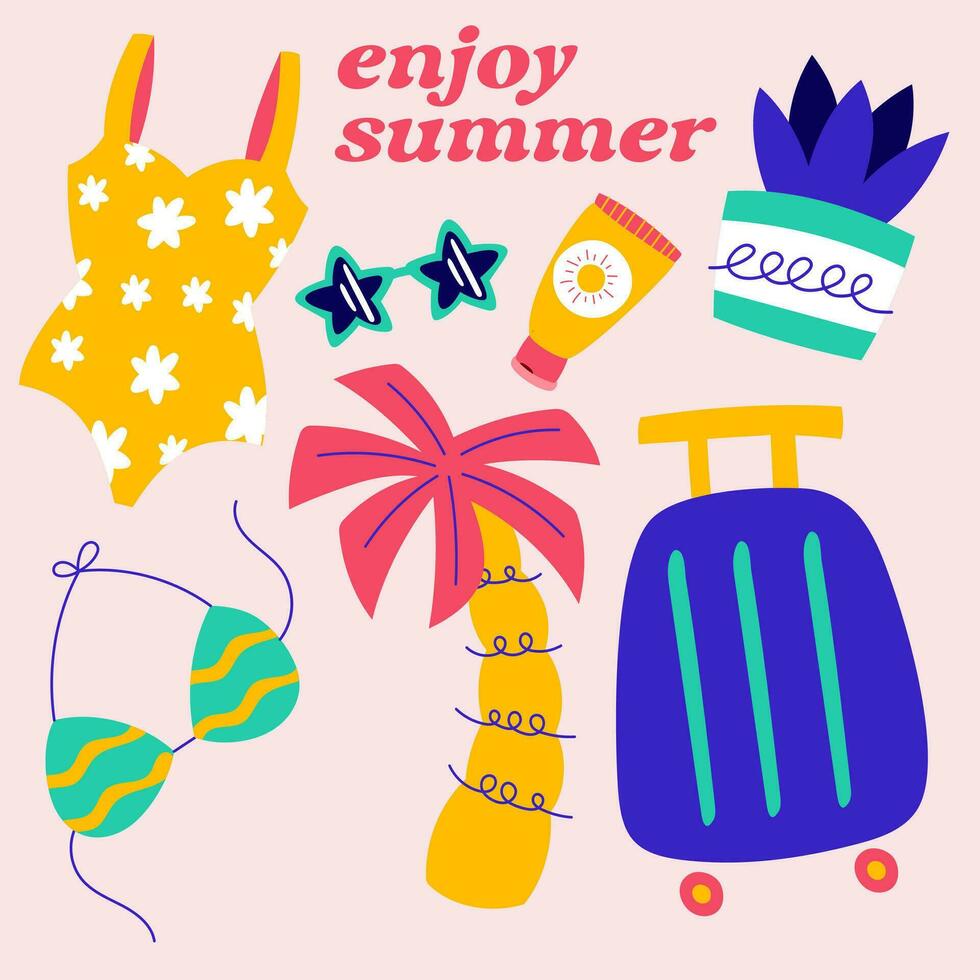 bundle of pop summertime cute sticker. Hand drawn enjoy summer cartoon doodle vector