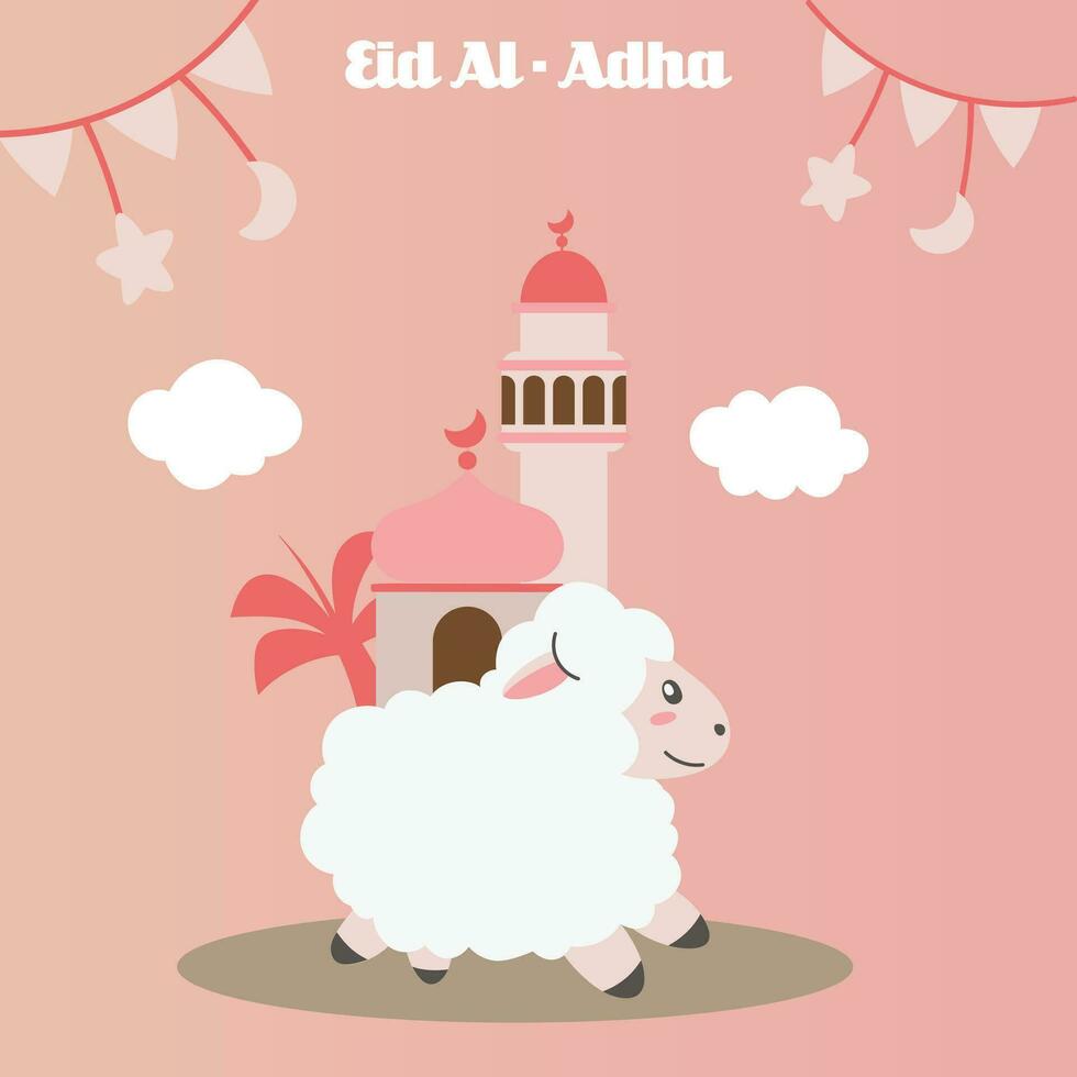 Holy Eid Al Adha Mubarak Cute Banner Cartoon doodle. Islamic and Arabic Greeting flyer for Muslim Community Festival graphic print Vector