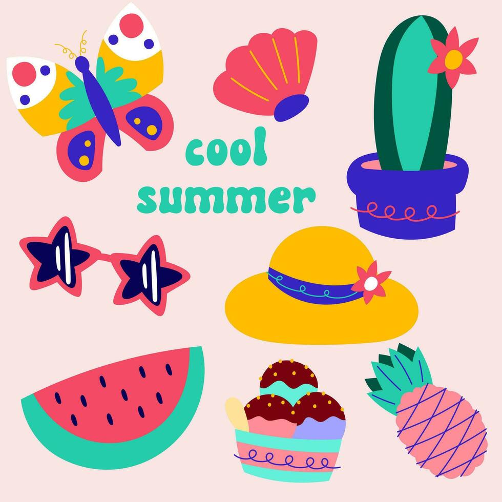 bundle of pop summertime cute sticker. Hand drawn enjoy summer cartoon doodle vector