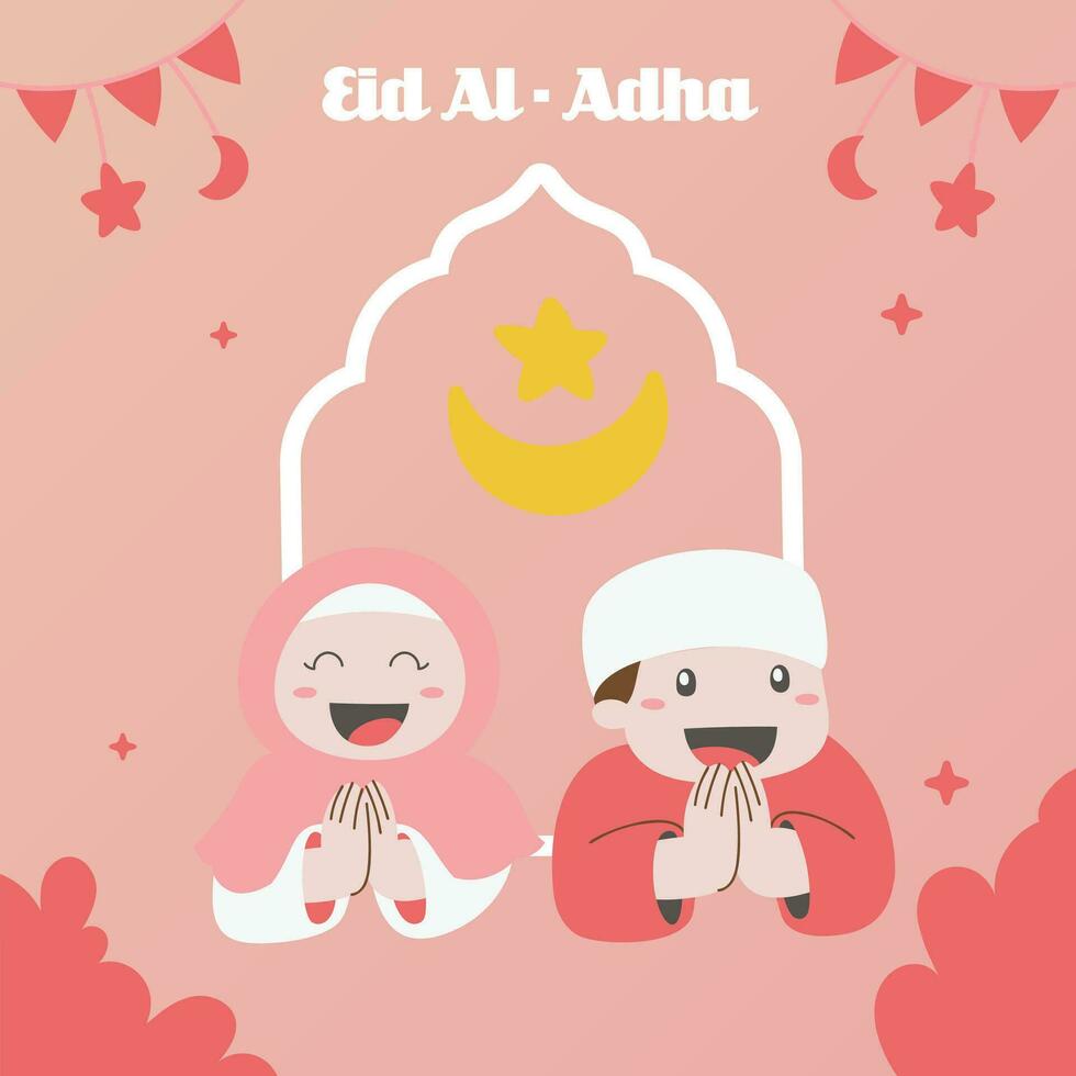 Holy Eid Al Adha Mubarak Cute Banner Cartoon doodle. Islamic and Arabic Greeting flyer for Muslim Community Festival graphic print Vector. vector