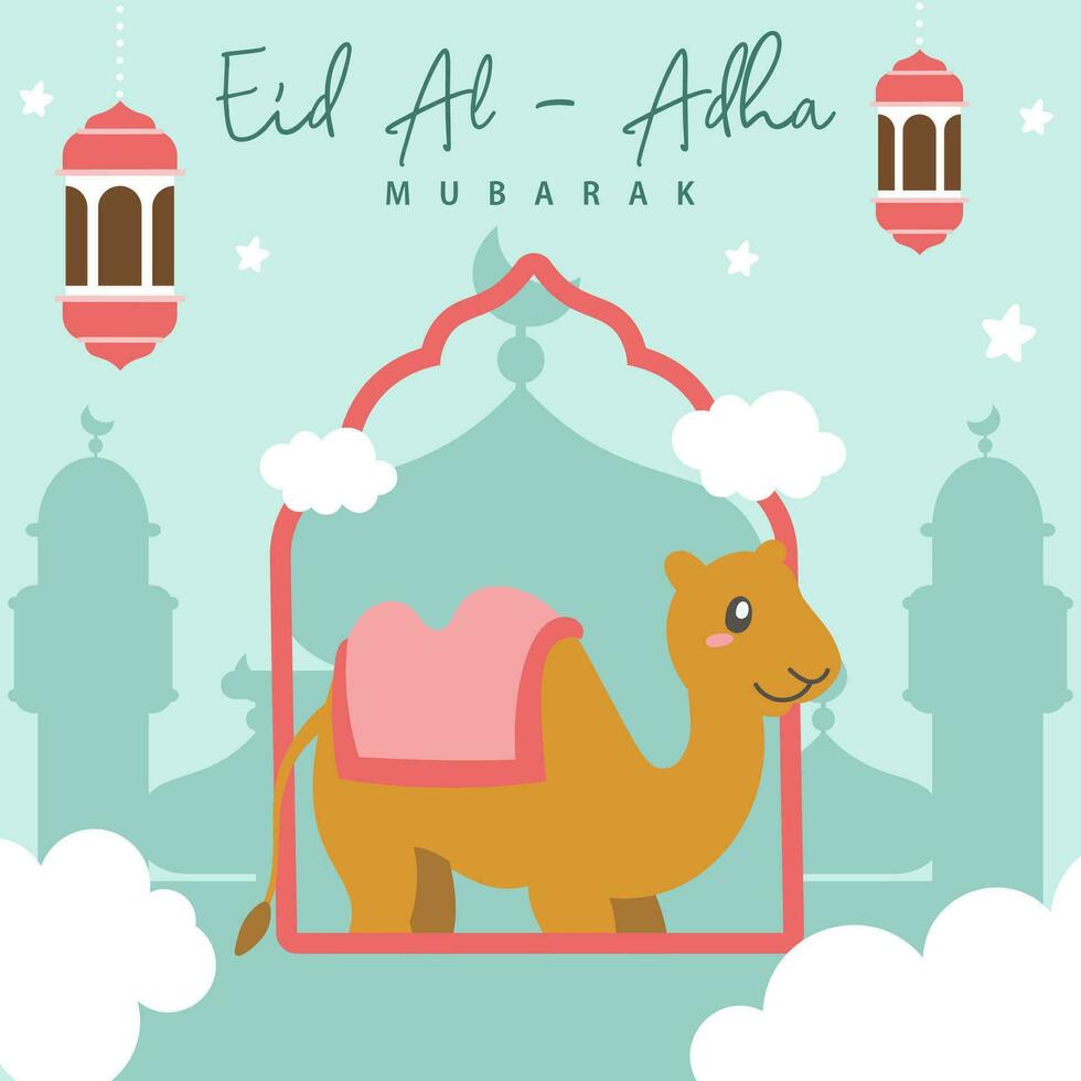 Holy Eid Al Adha Mubarak Cute Banner Cartoon doodle. Islamic and Arabic Greeting flyer for Muslim Community Festival graphic print Vector