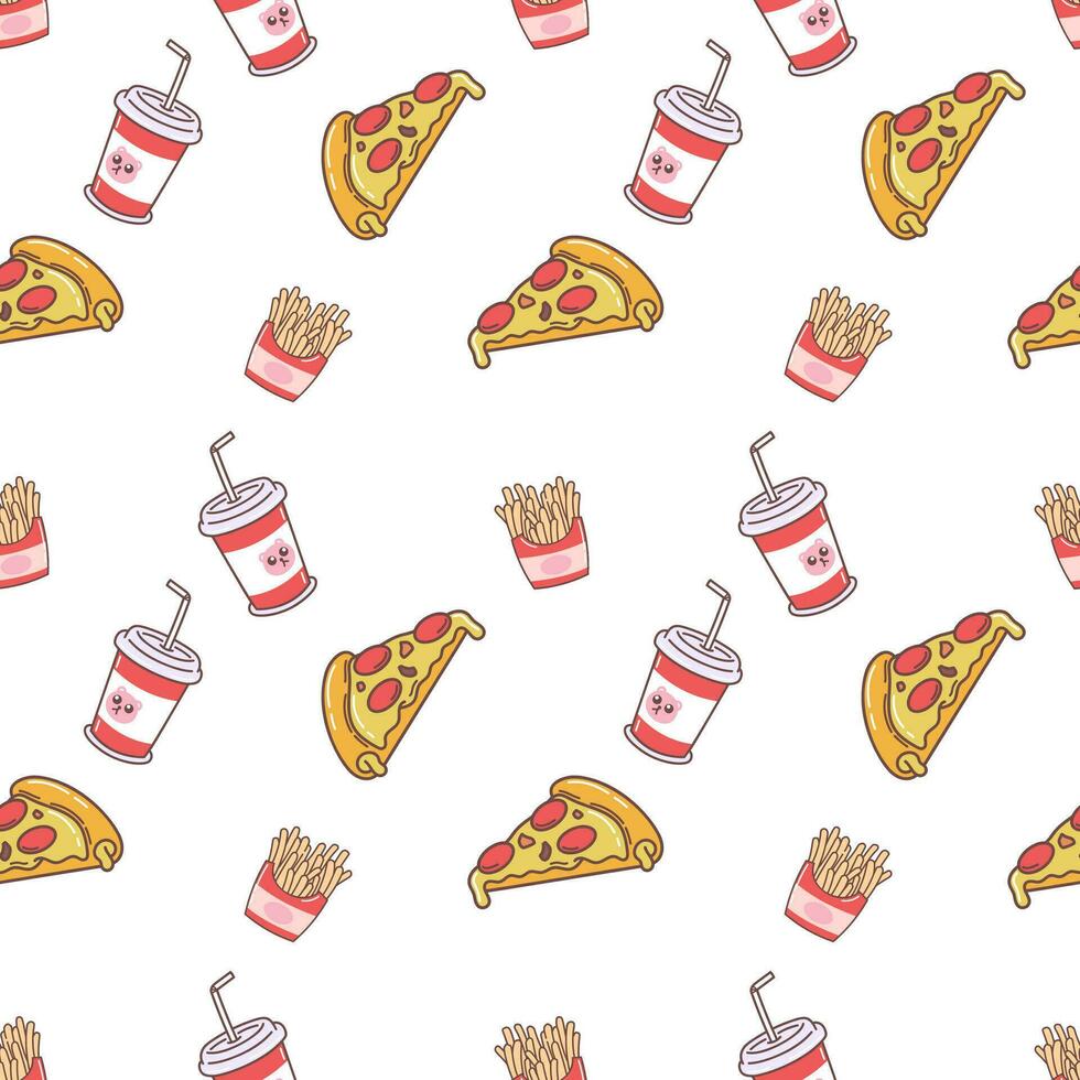 Cute Pizza Food and drink Cartoon perfect seamless pattern background for wrapping paper, graphic print, fabric, textile or apparel vector