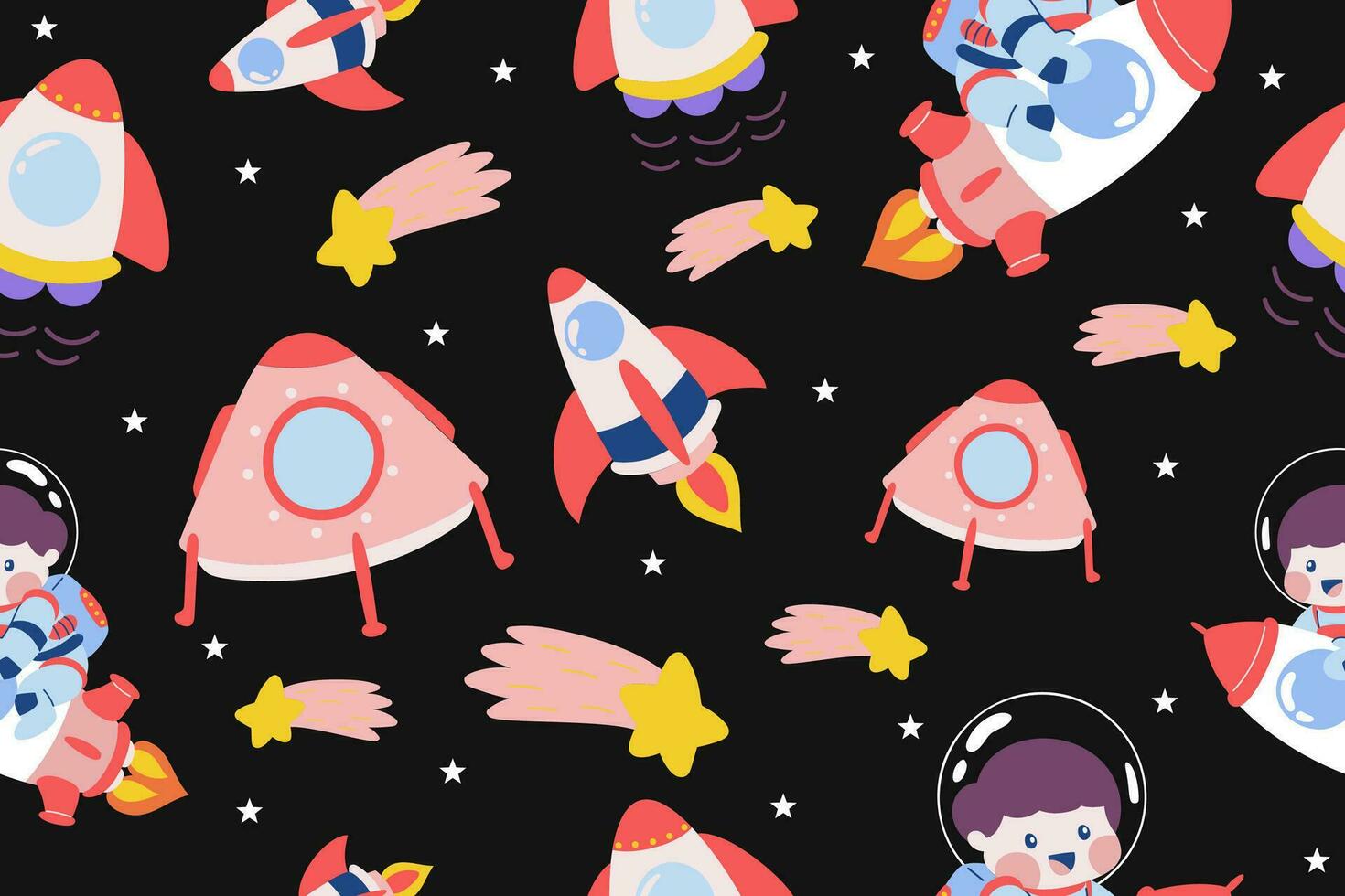 Kawaii Outer Space Seamless Pattern Background. Cute Cosmic Galaxy themed for apparel, textile and wrapping paper vector