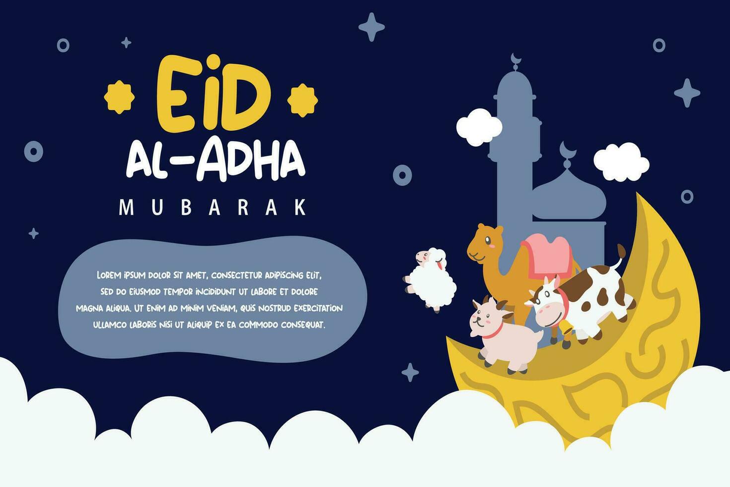 Holy Eid Al Adha Mubarak Cute Banner Cartoon doodle. Islamic and Arabic Greeting flyer for Muslim Community Festival graphic print Vector