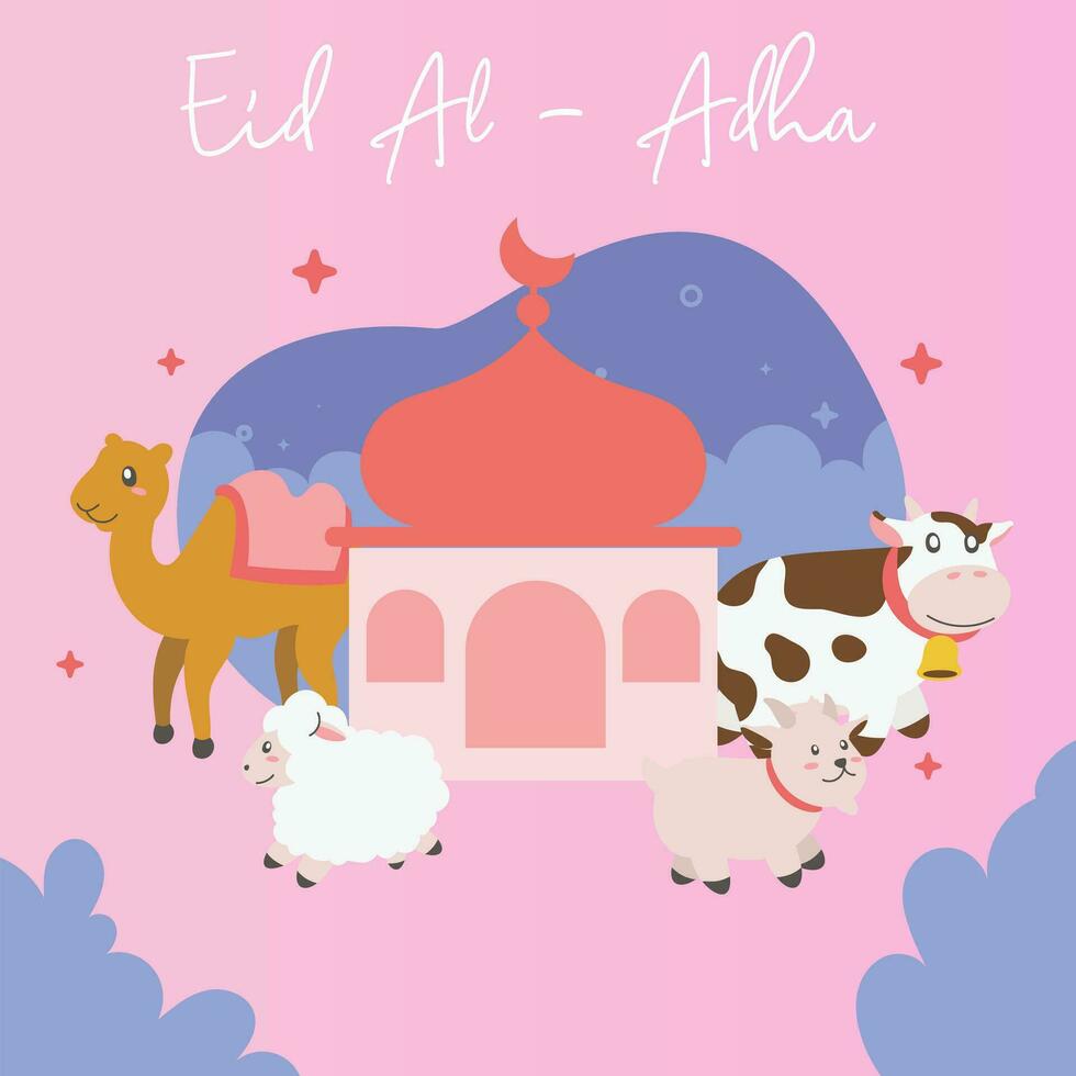 Holy Eid Al Adha Mubarak Cute Banner Cartoon doodle. Islamic and Arabic Greeting flyer for Muslim Community Festival graphic print Vector