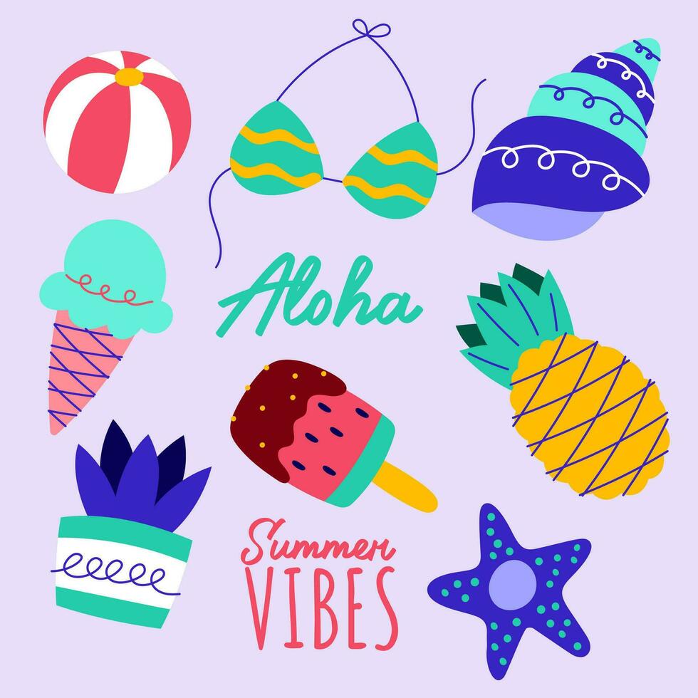 bundle of pop summertime cute sticker. Hand drawn enjoy summer cartoon doodle vector