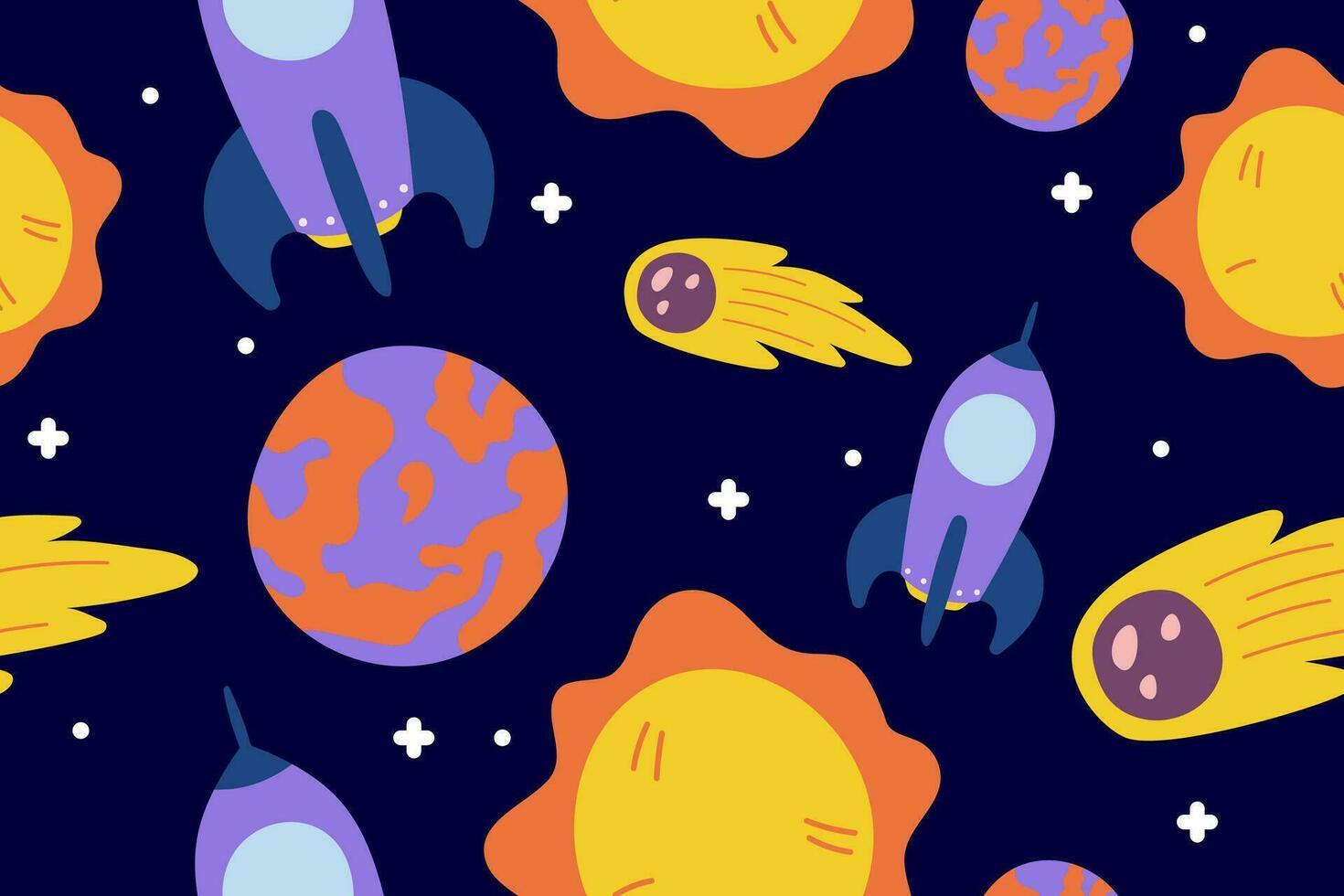Kawaii Outer Space Seamless Pattern Background. Cute Cosmic Galaxy themed for apparel, textile and wrapping paper vector