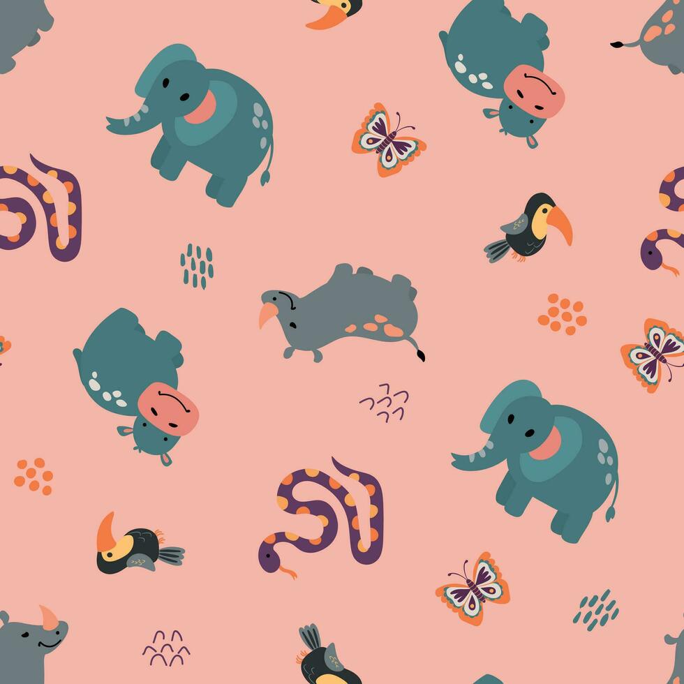 Seamless pattern with safari animals. Elephant, hippopotamus, rhinoceros, snake, toucan, butterflies. Design for fabric, textile, wallpaper, packaging. vector