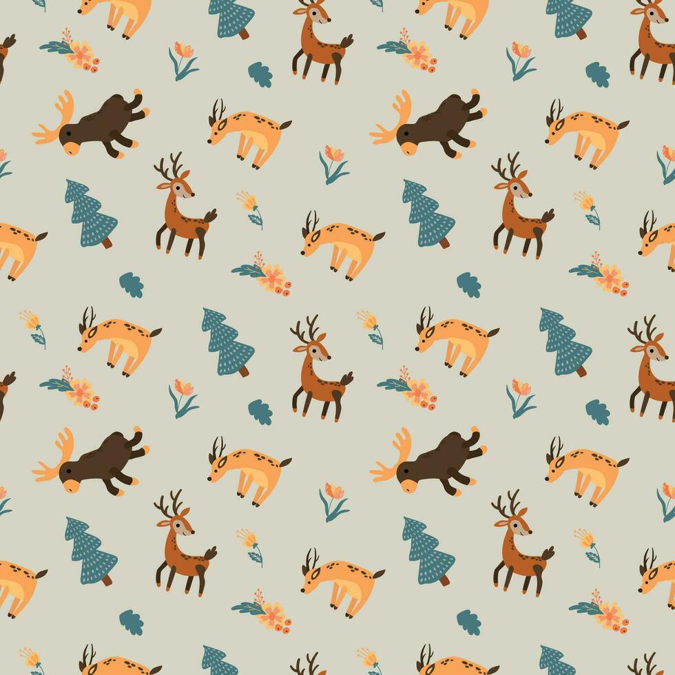 Seamless pattern with forest animals. Elk, deer, roe deer. Design for fabric, textile, wallpaper, packaging. vector