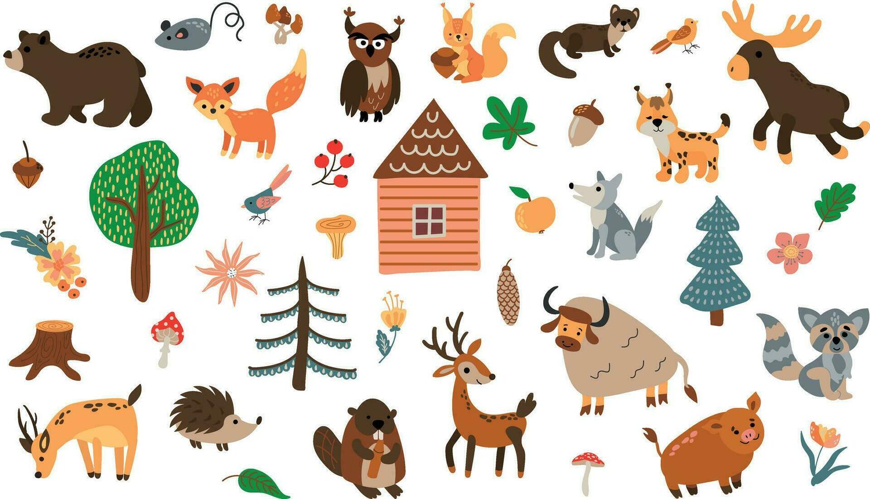 Set of forest animals. Drawn style. White background, isolate. Vector illustration.