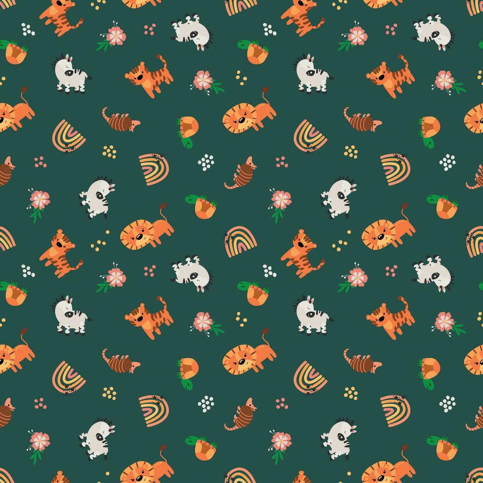 Seamless pattern with safari animals. Lion, tiger, zebra, turtle, armadillo. Design for fabric, textile, wallpaper, packaging. vector