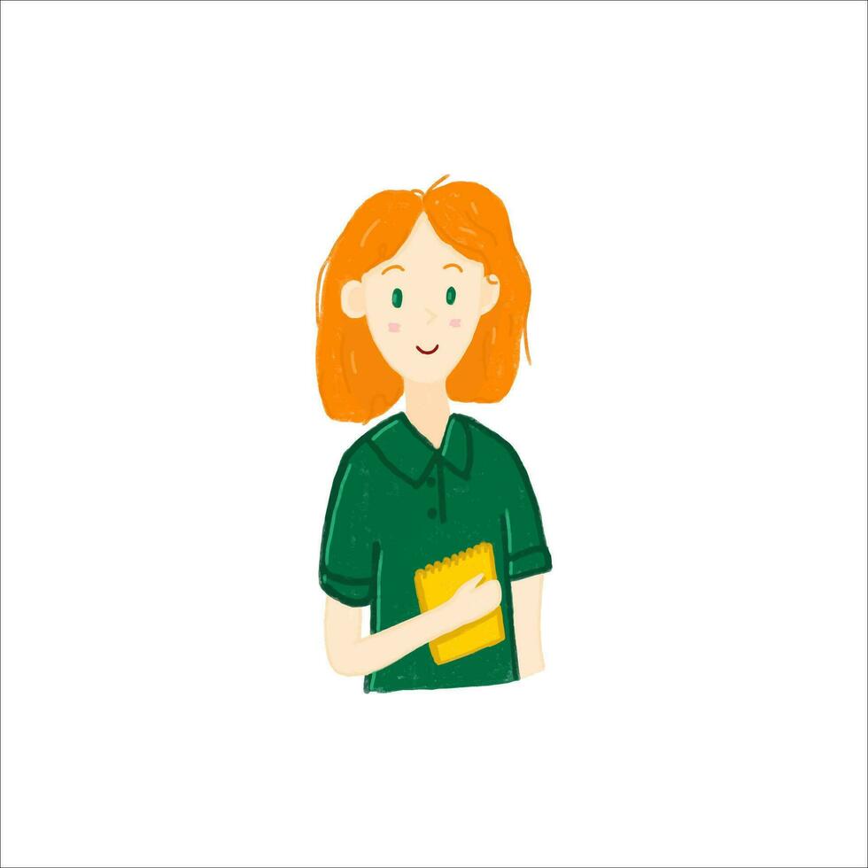 Cute woman with a notepad in her hand. Young student girl with red hair on an isolated background. Hand drawn style vector design illustrations.