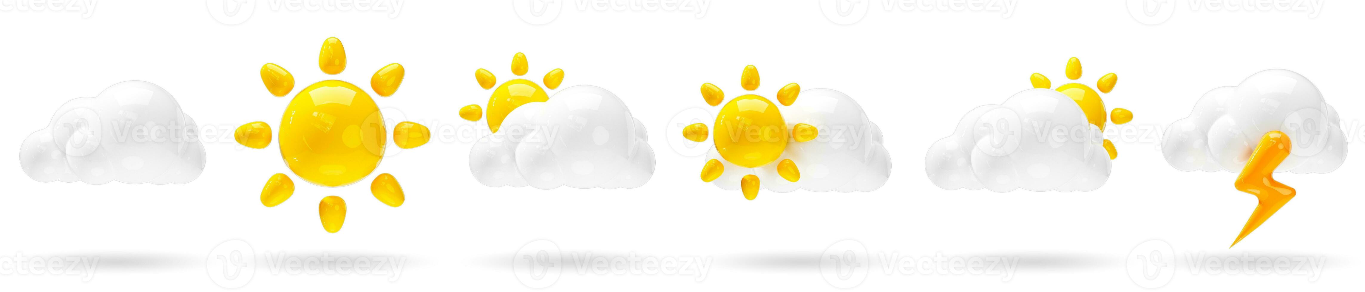conjunto de 3d clima iconos soleado día, relámpago y nublado fiesta íconos en aislado blanco antecedentes. pronóstico firmar diseño para solicitud y web. 3d hacer ilustración. foto