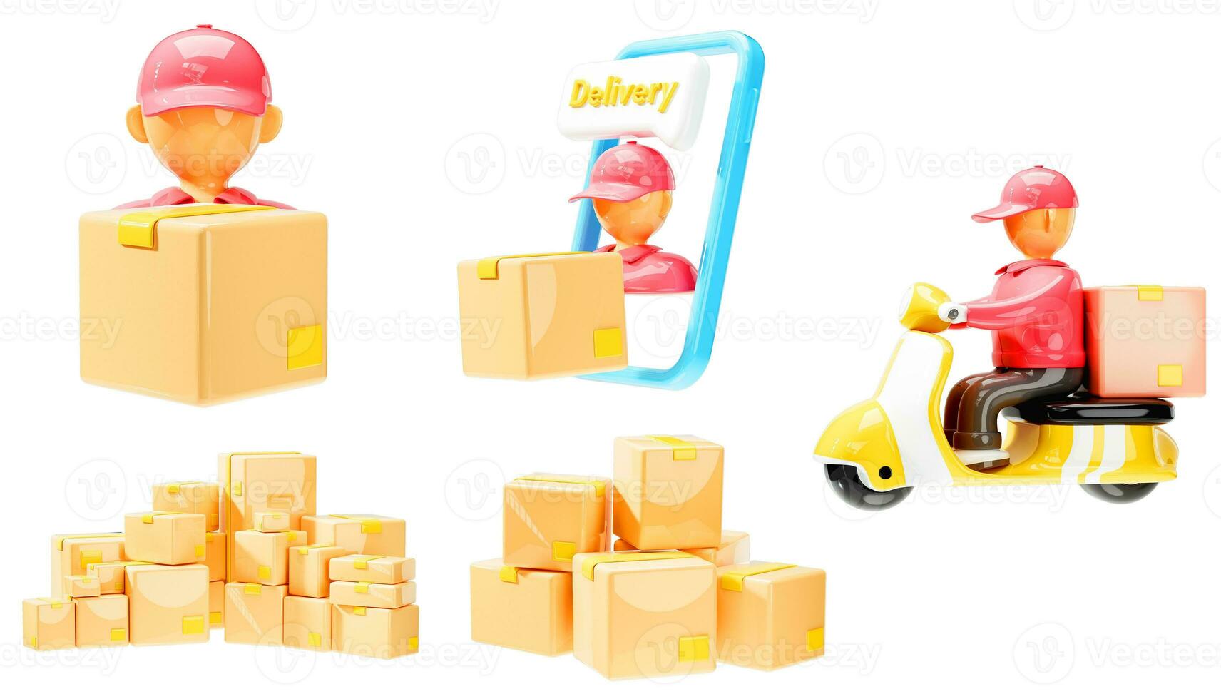 Set of 3d delivery services icon, delivery man and cardboard box on isolated white background. 3d render illustration photo