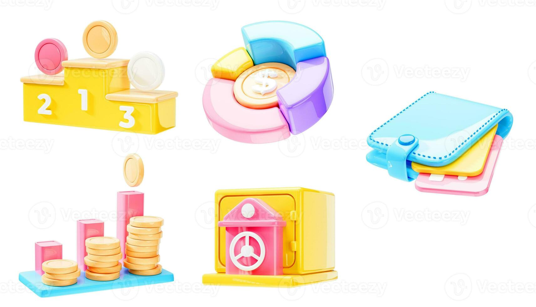 Set of 3d Finance icon wallet, coin, chart and safe box icon on isolated white background. 3d render illustration photo