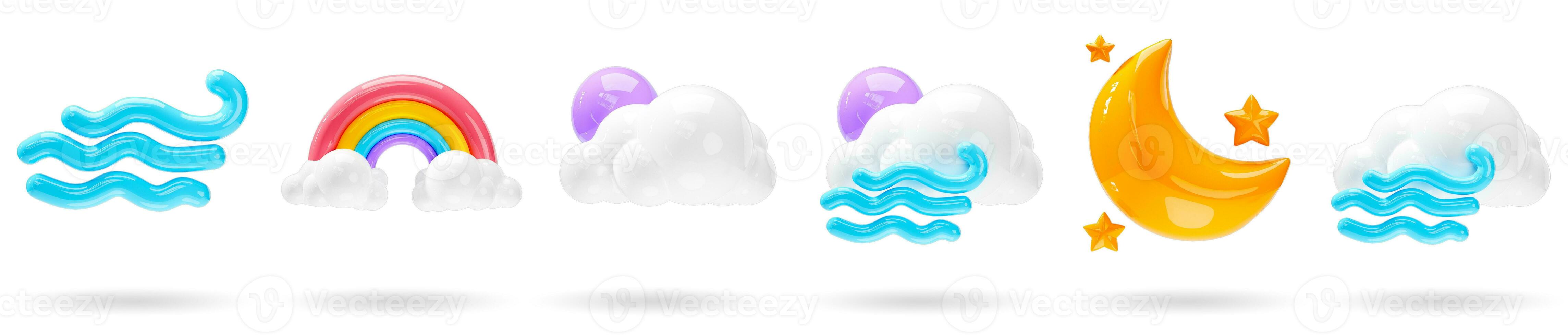 conjunto de 3d clima iconos ventoso, arcoíris, noche Luna y nublado íconos en aislado blanco antecedentes. pronóstico firmar diseño para solicitud y web. 3d hacer ilustración. foto