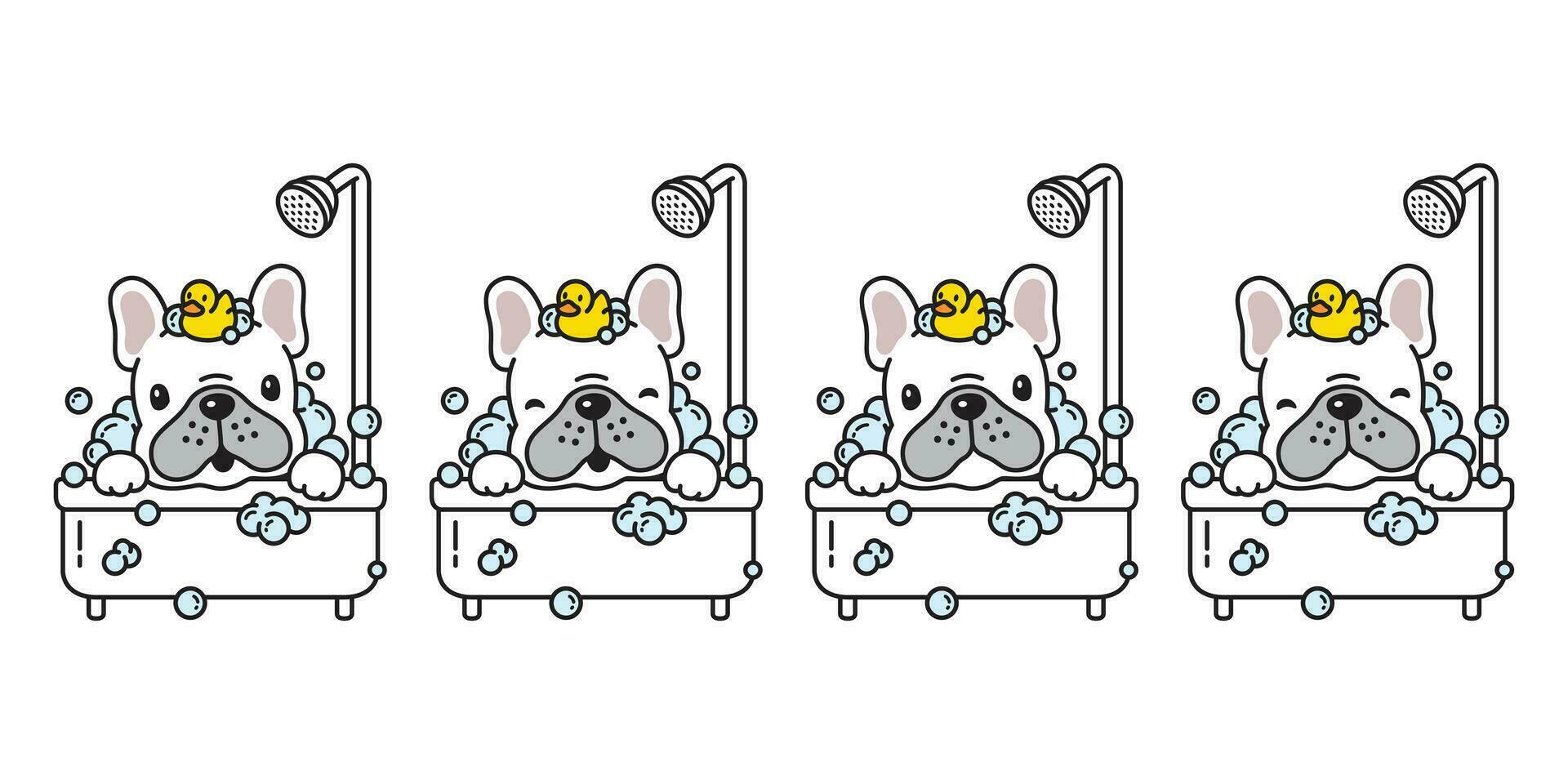 perro vector francés buldog bañera ducha caucho Pato dibujos animados personaje icono logo burbuja jabón ilustración garabatear blanco