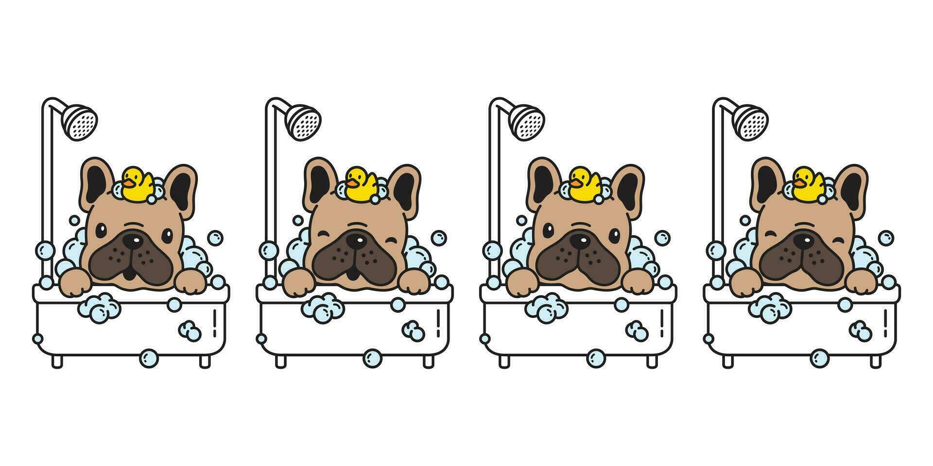 perro vector francés buldog bañera ducha caucho Pato dibujos animados personaje icono logo burbuja jabón ilustración garabatear marrón