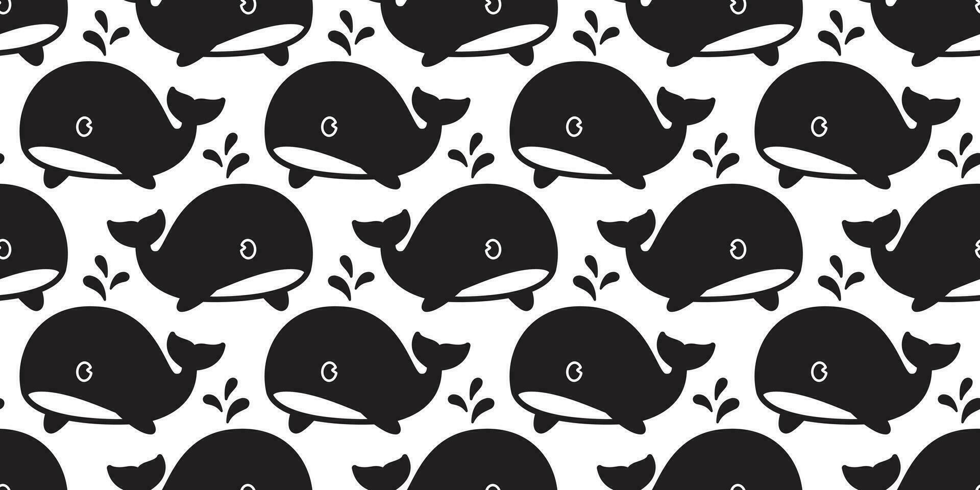 whale Seamless pattern fish vector dolphin shark salmon scarf isolated sea ocean cartoon repeat wallpaper tile background illustration doodle black