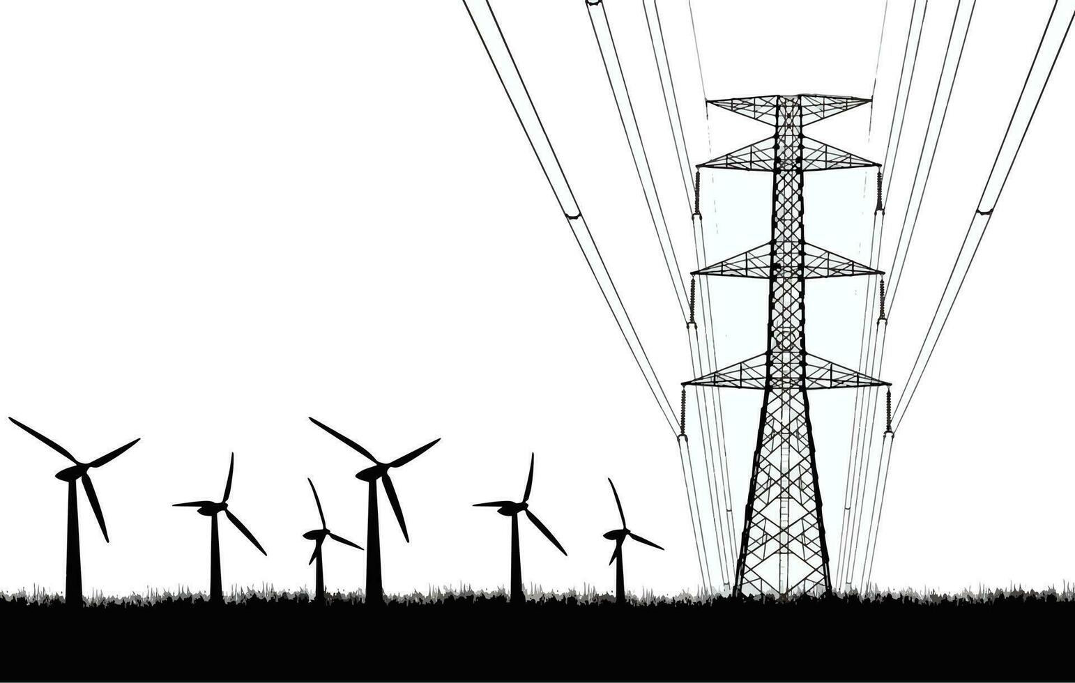Vector illustration of high voltage towers and wind turbines on a white background. clean energy concept