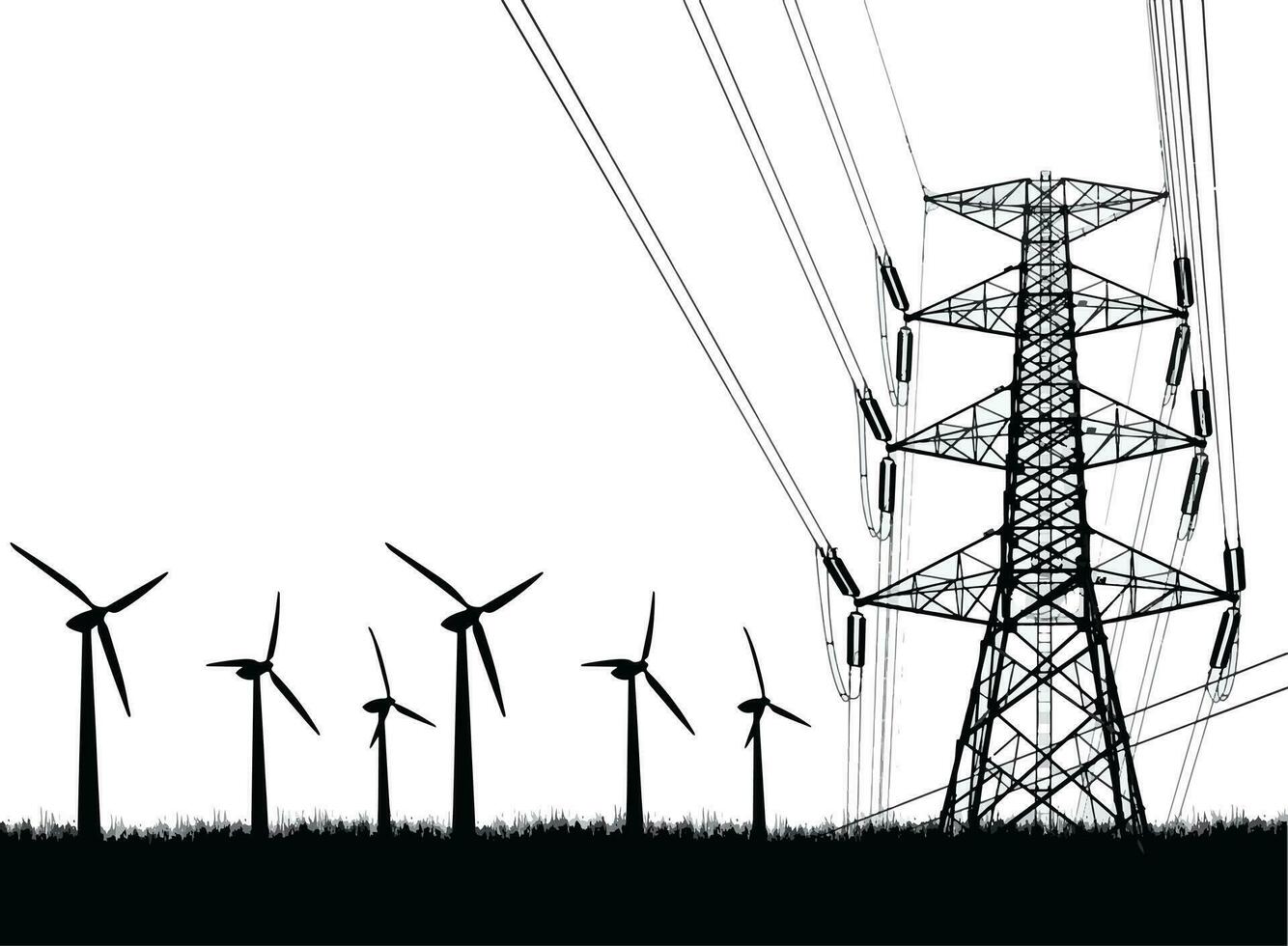 Vector illustration of high voltage towers and wind turbines on a white background. clean energy concept