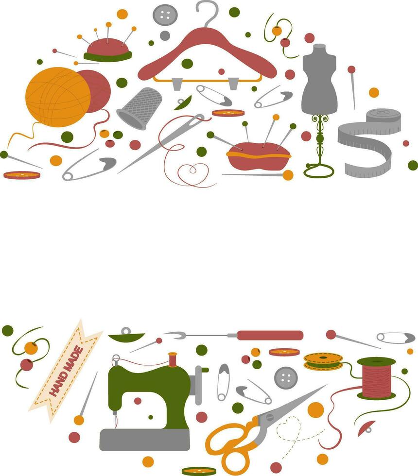 Sewing tools and accessories on white background. Vector illustration. Frame from embrodery and sewing items.