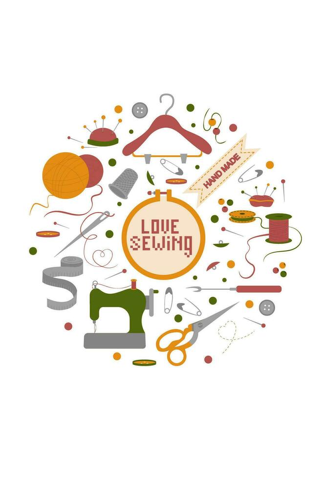 Sewing Round Composition Design with Tools for Handmade Craft Vector Template