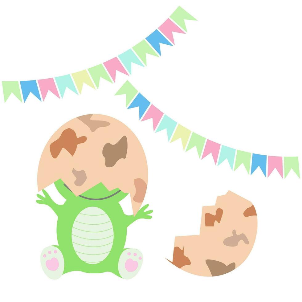Cute dinosaur hatched from an egg. New born dino and shell on head. Birthday flags. vector illustration for greeting card, invitation, gender party, name day, baby shower party.