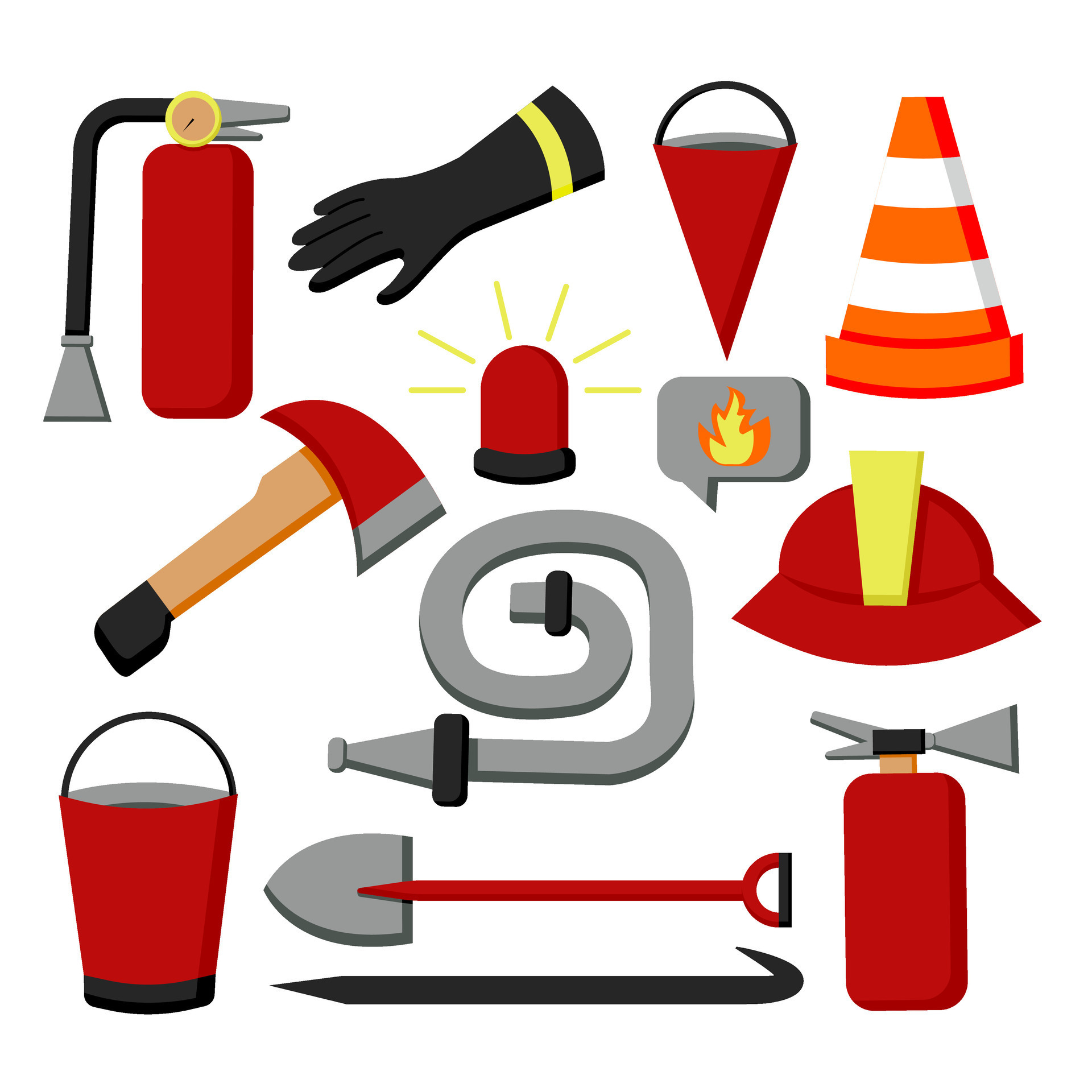 Set of firefighter equipment. Fireman tools set. Hydrant, fireplug, extinguisher, helmet, helm
