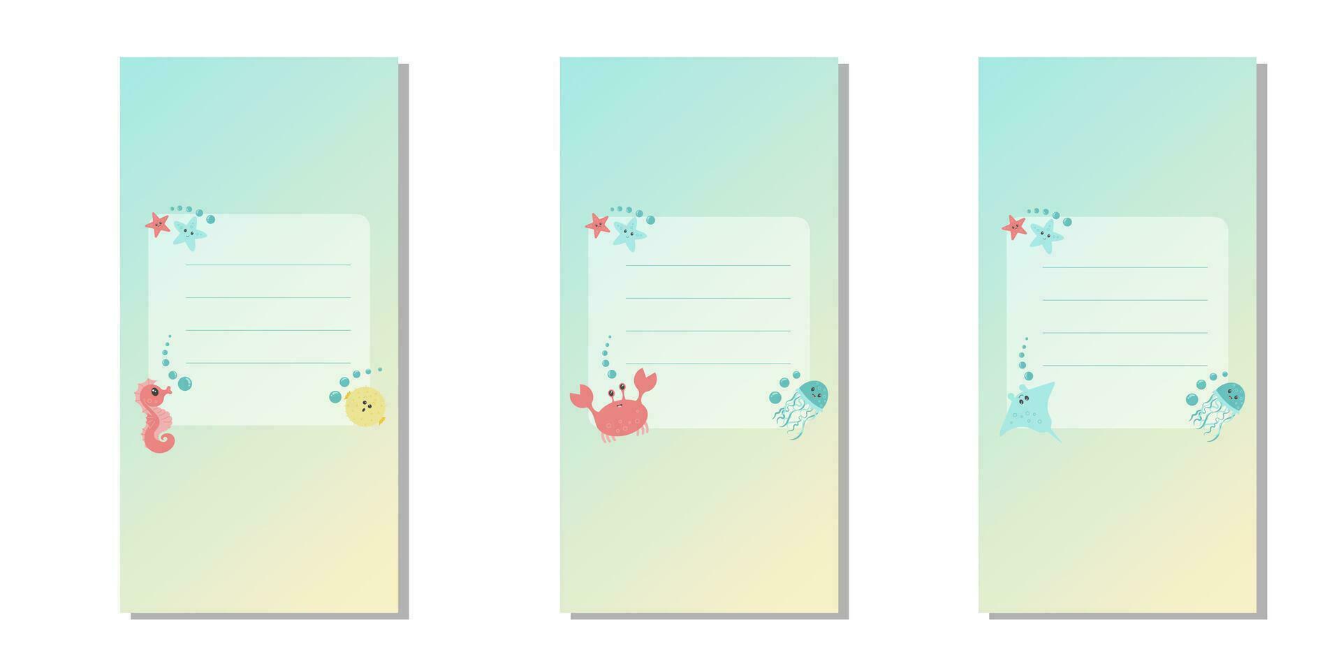 conjunto de marcos con marina animales conjunto de linda tarjeta postal plantillas con espacio para tu texto. vector ilustración para para niños tarjetas, certificados, cubrir de Nota y álbum.