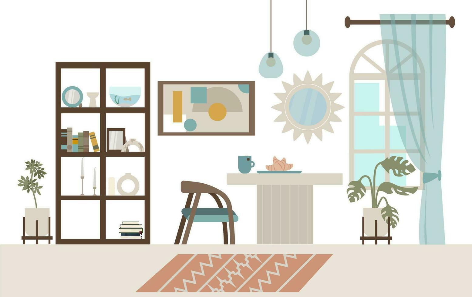 Living room interior design with furniture and accessories. Flat style vector illustration.