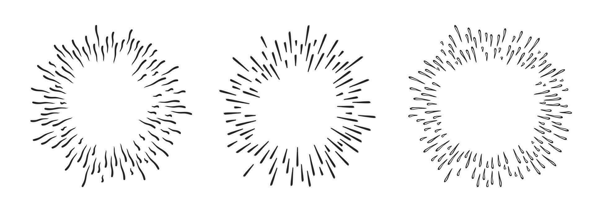 3 Hand drawn starburst doodle explosion vector illustration set isolated on white background.