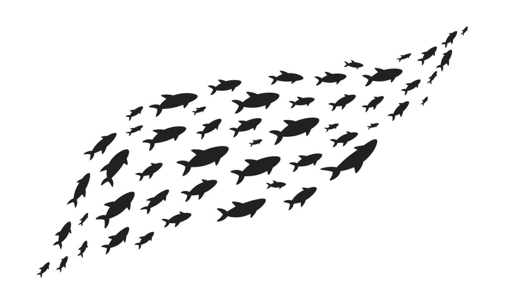 Silhouettes school of fish with marine life of various sizes swimming fish vector