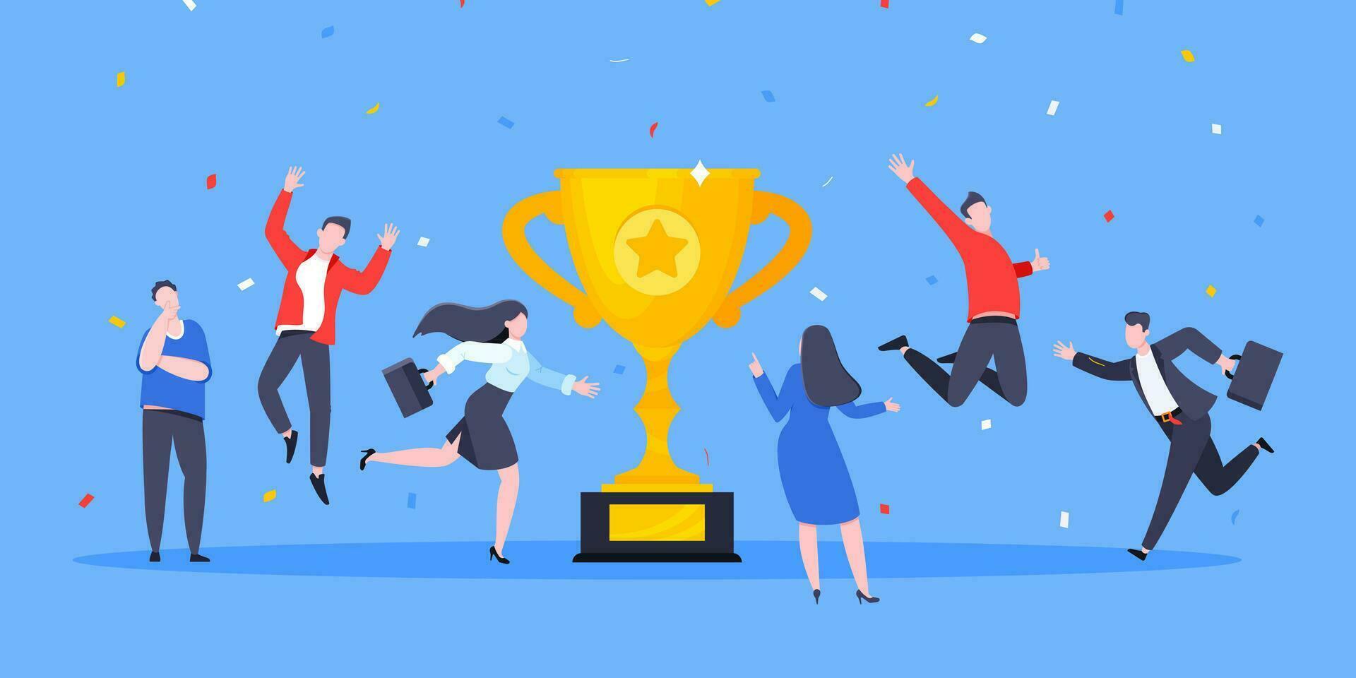 Happy business employee team winners award ceremony flat style design vector illustration.