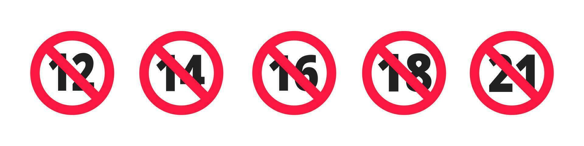 Adults content only age restriction 12, 14, 16, 18, 21 plus years old icon signs set. vector