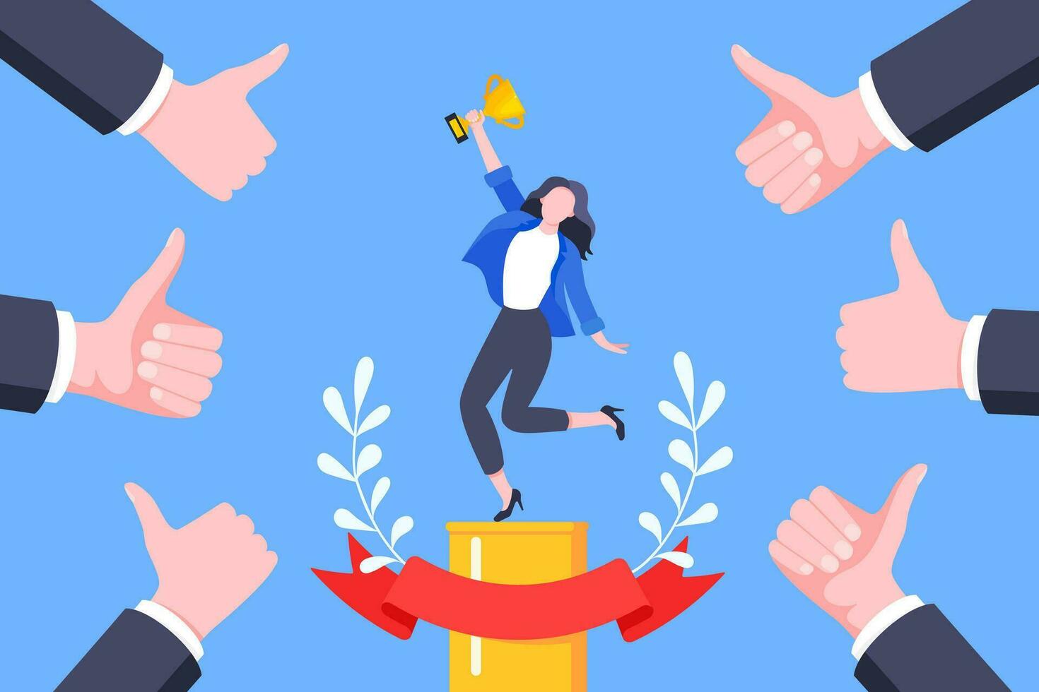 Best worker employee winner with trophy cup inside award ribbon and floral wreath flat style design vector illustration.