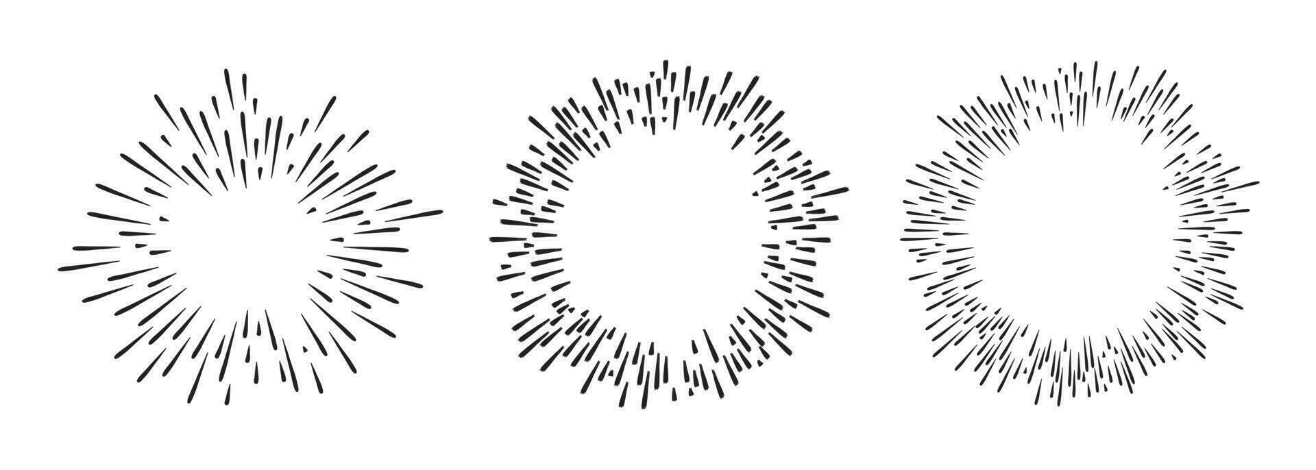 3 Hand drawn starburst doodle explosion vector illustration set isolated on white background.