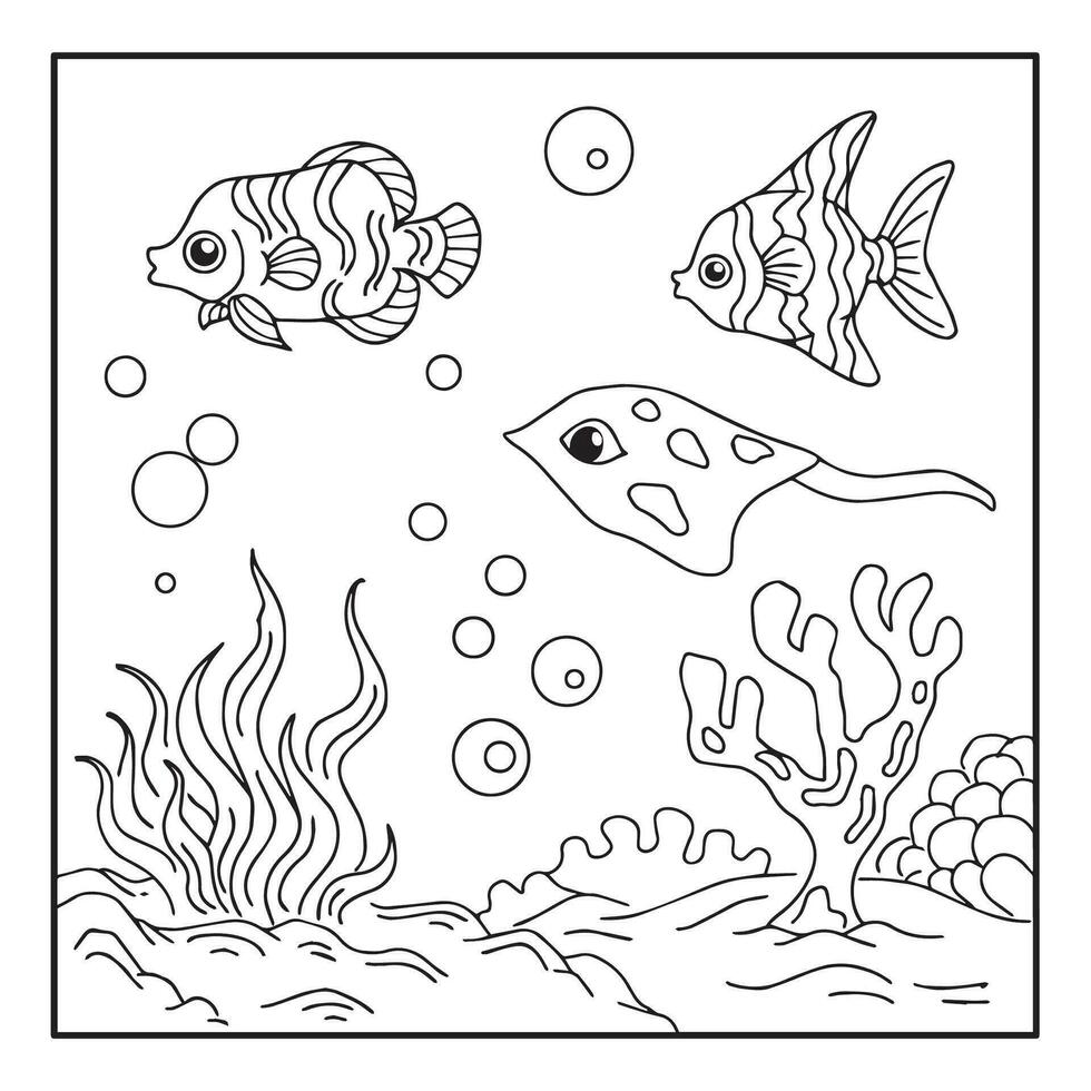 Diseño de página para colorear de contorno de peces acuáticos para niños vector