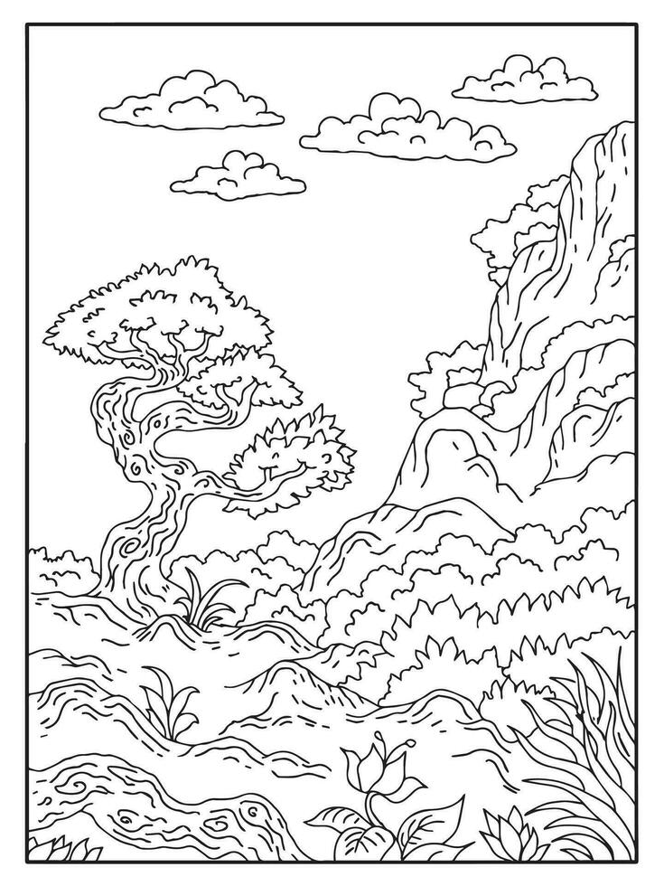 Design Nature Landscape Outline Coloring Page vector