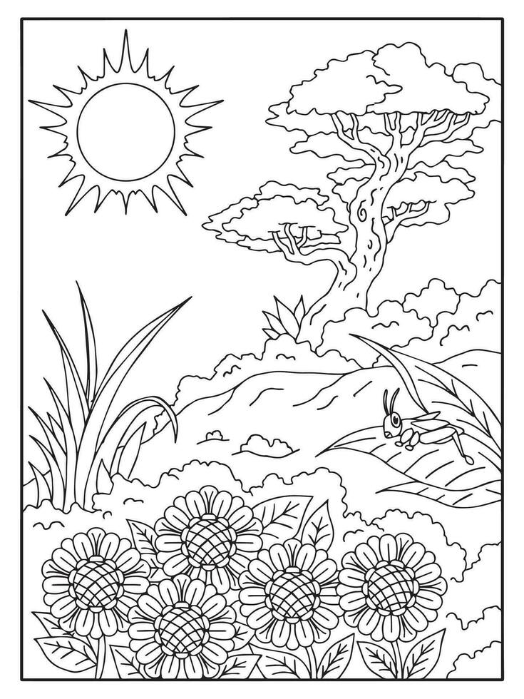 Design Summer Nature Landscape Outline Coloring Page vector