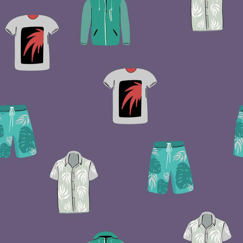 Seamless pattern for print on fabric. Set home sweet clothes. In one color. Clothing icon for sleep, sports and home. T-shirt, sleep mask, clothespin, hanger, socks, underpants, shorts. Blue. Eps 10 vector
