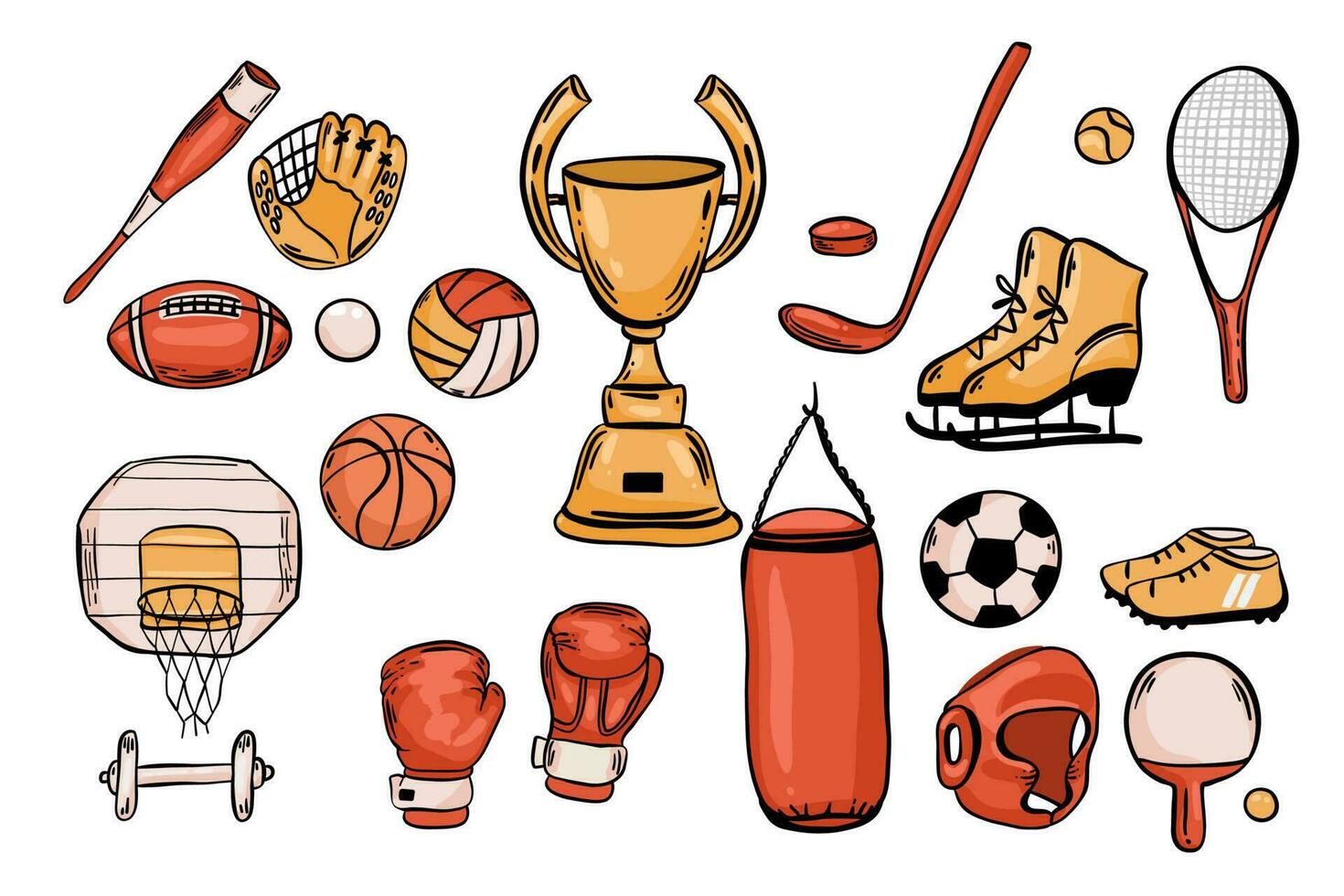 Sport equipment. Vector icons set of sport inventory with balls for volleyball, baseball, football game and tennis, golf ball, billiard, racket, bowling. Fitness gym tools. Team game