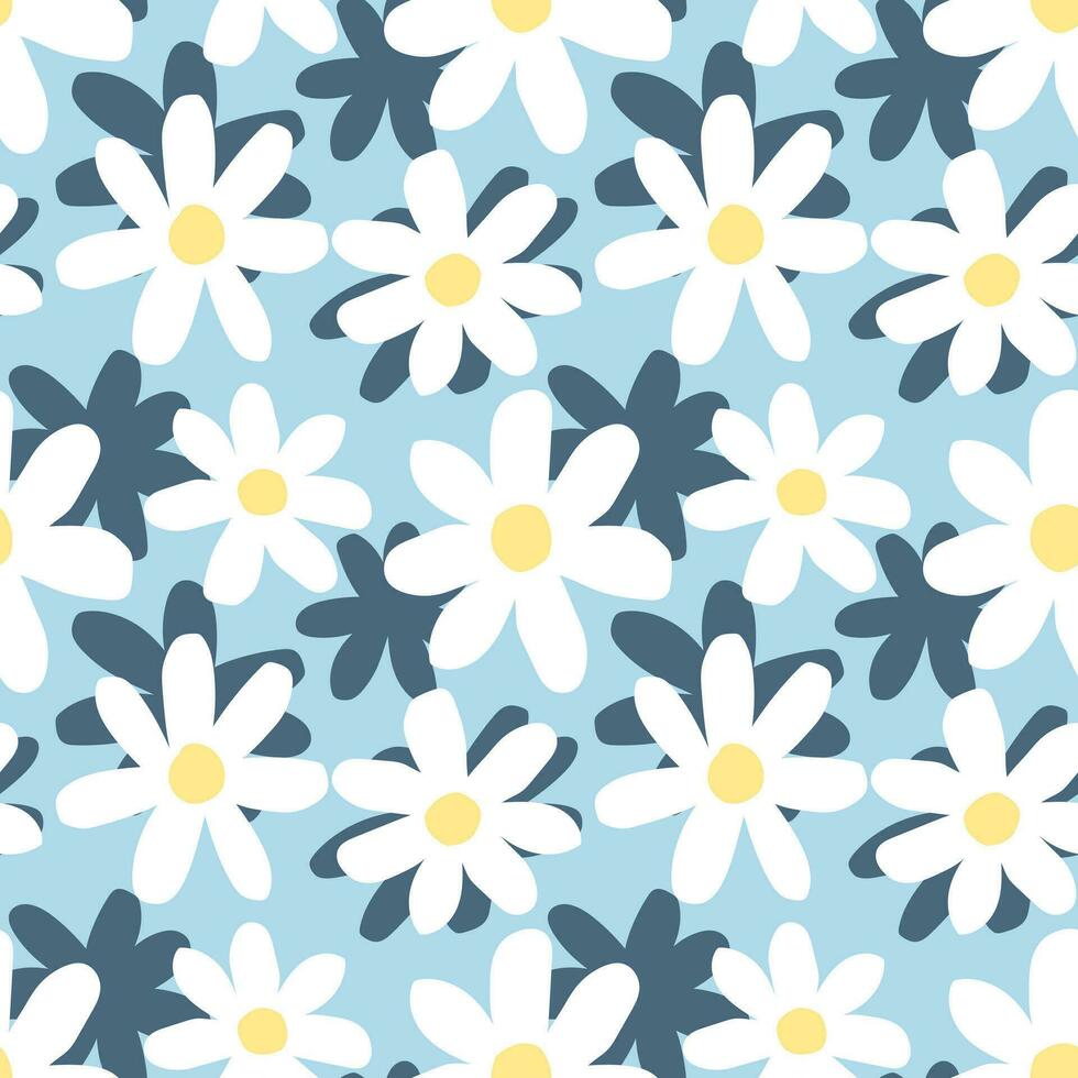 Chamomile seamless vector pattern on a blue background.Floral botanical abstract ornament.