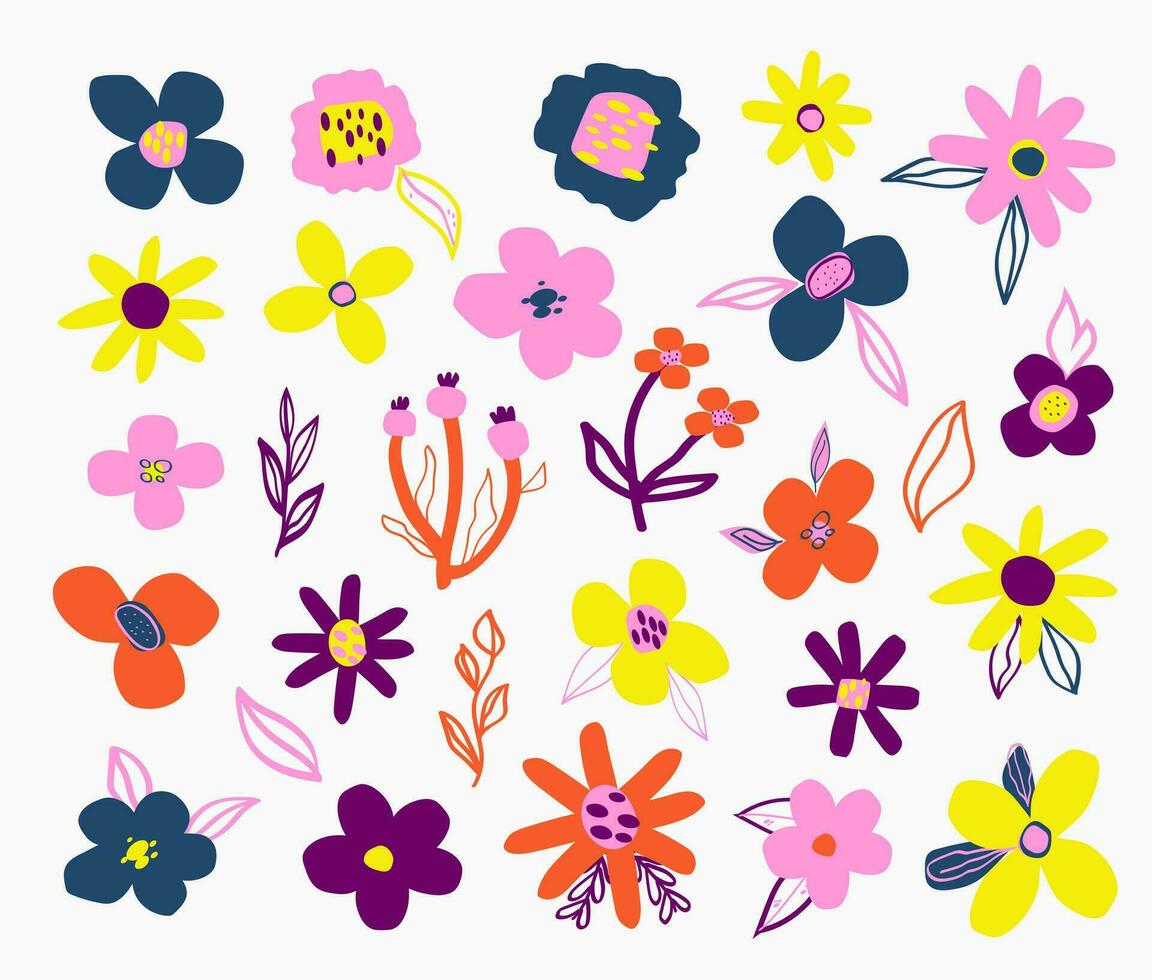 Abstract fantasy flowers and leaves big set. Vector plant elements isolated on white background.