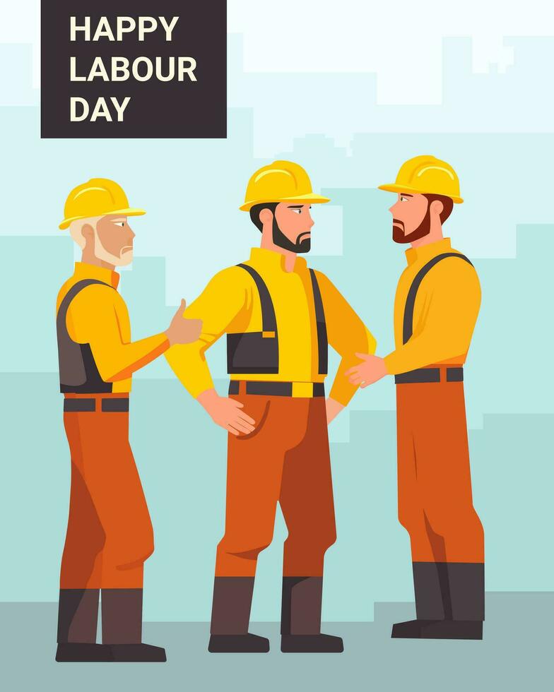 grupo de constructores gente. construcción trabajadores en pie juntos celebrando labor día. vector ilustración en plano estilo