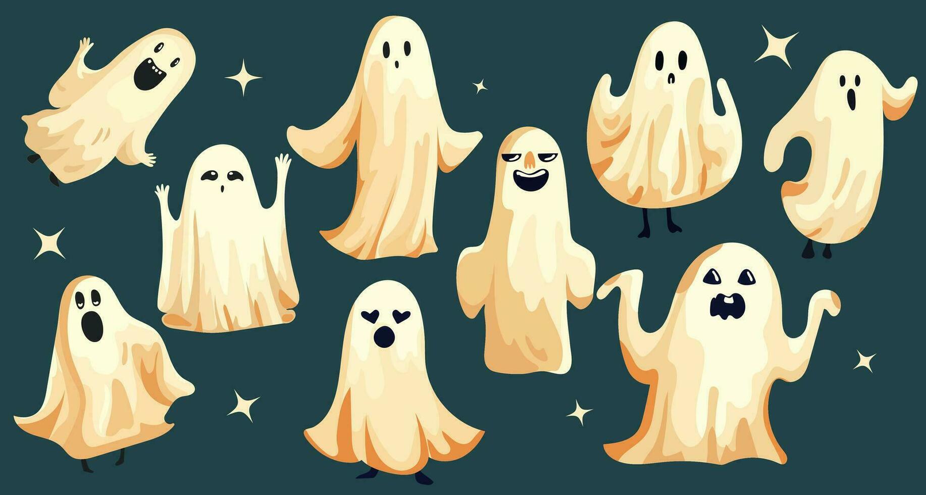 Set of funny ghosts, creepy, fun and funny boo characters. Magic scary spirits with different emotions and facial expressions. Isolated flat cartoon vector illustrations of phantoms