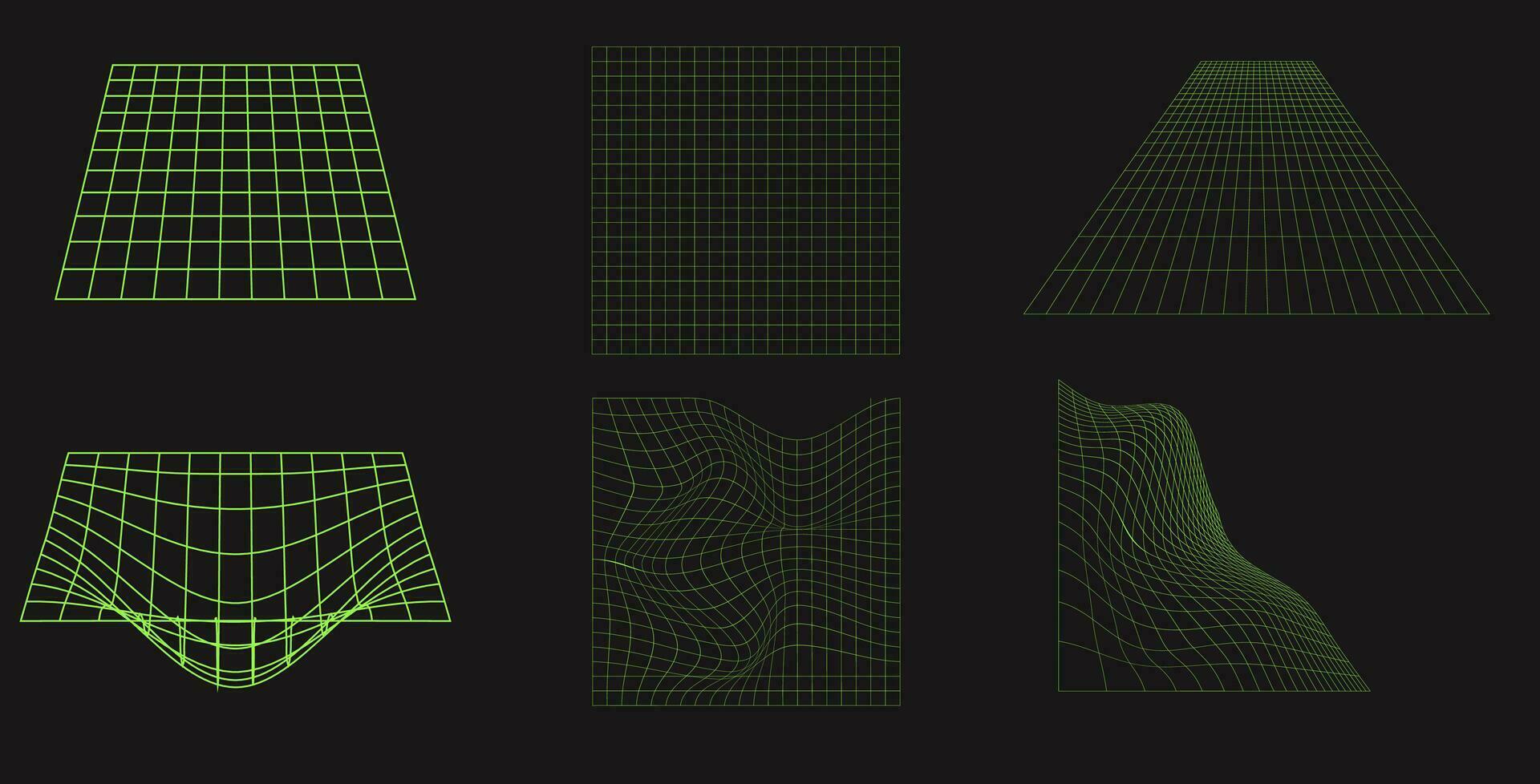 Set of wireframe shapes. Cyber neo futuristic grids, 3d mesh objects. Wireframe wavy geometric perspective shapes. 80s cyberpunk elements, vector set.